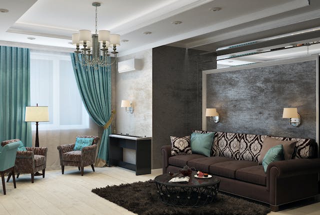 A brown and teal-themed living room.