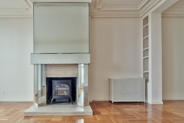 An empty living room with a fireplace.