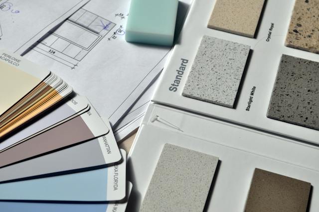 Several paint and countertop swatches.